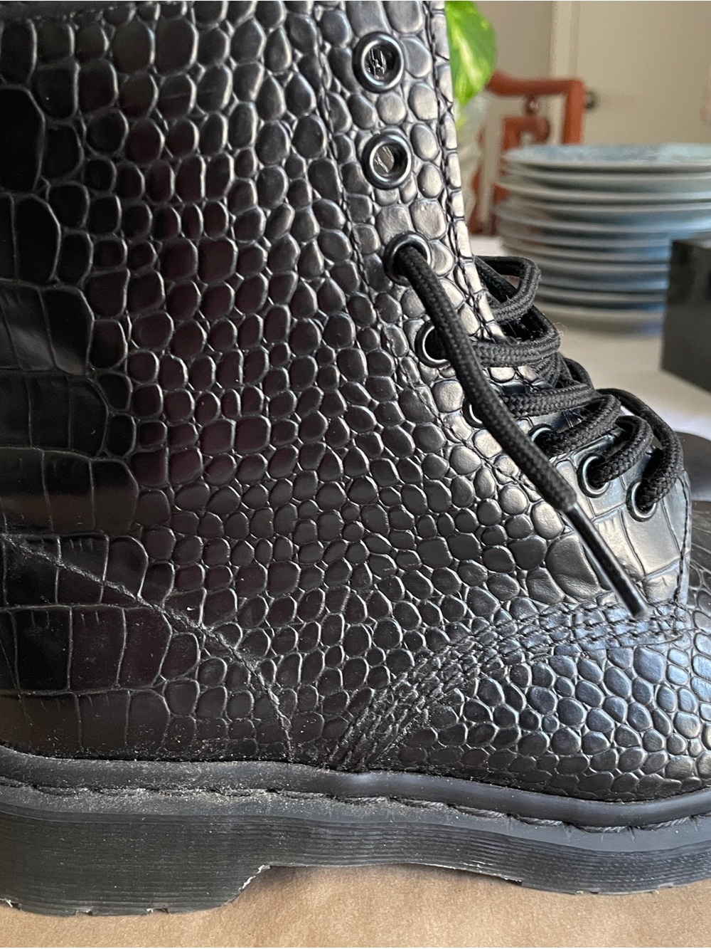 Dr. Martens 1460 Black Croc-Embossed Lace-Up Combat Boots - Picture 3 of 12
